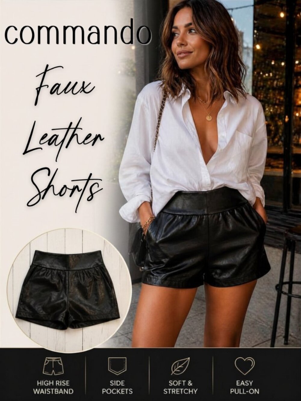 Commando Faux Leather Shorts Black High Rise Pull-On XS